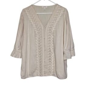 Maurices Cream Lace Trim Button Up Top Ruffle Sleeve Blouse Women's XL Cottage